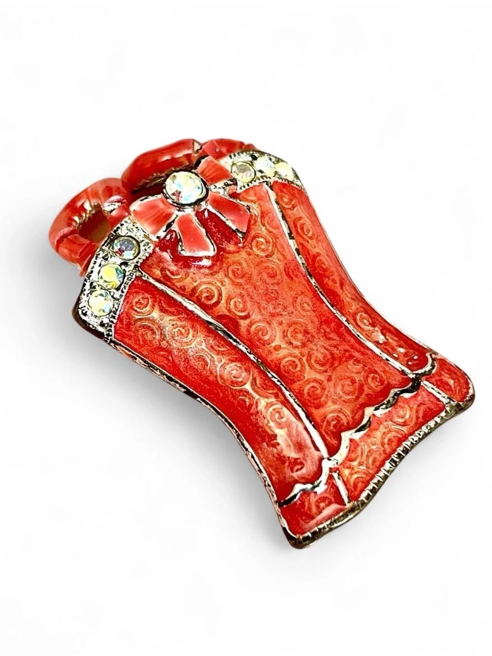 Tanya Creations Vintage Red Enamel Corset Brooch AB Rhinestones Pin Up Burlesque
